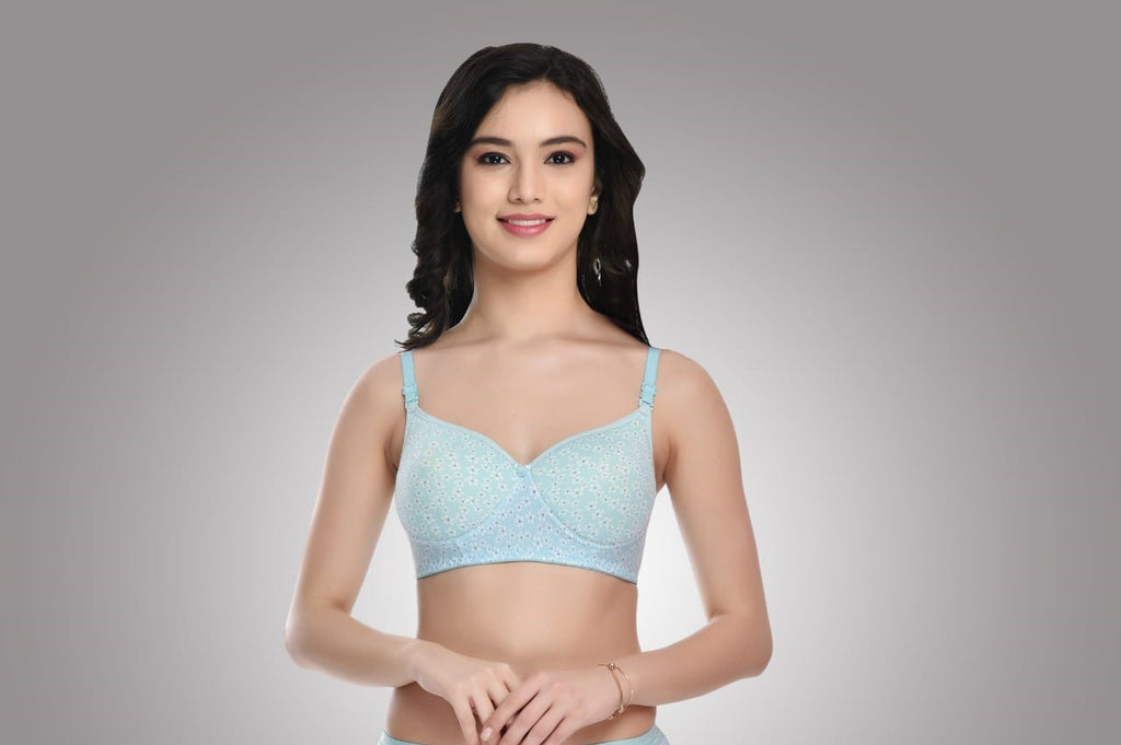 front view Liamoure Full Coverage Printed Padded Bra in light blue with white floral print, offering stylish and comfortable support for everyday wear.