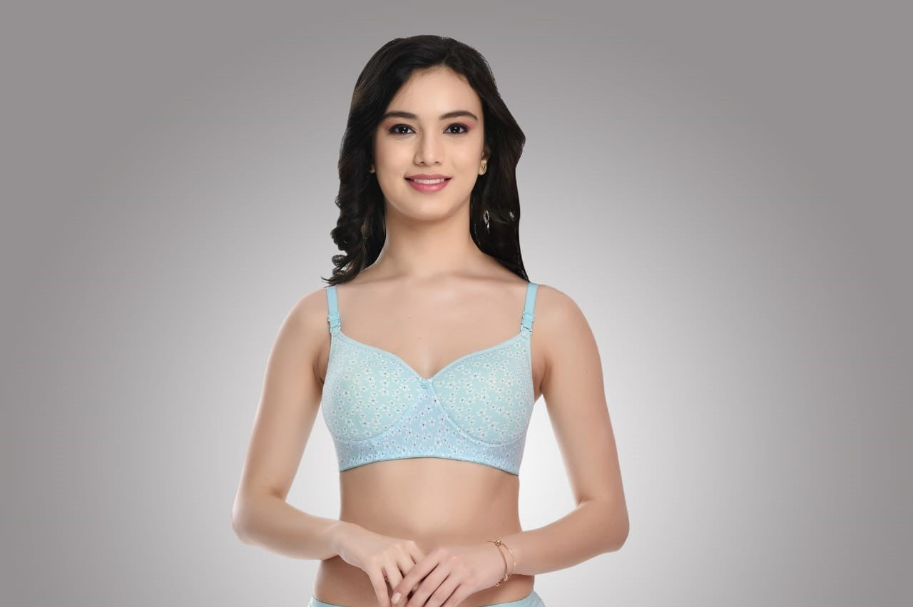 front view Liamoure Full Coverage Printed Padded Bra in light blue with white floral print, offering stylish and comfortable support for everyday wear.