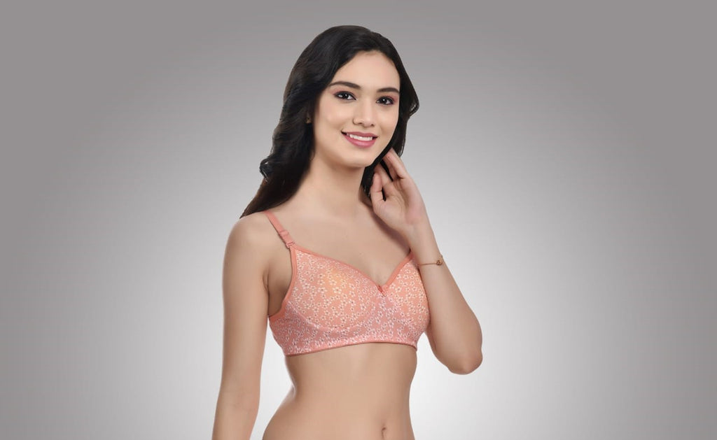 side view Liamoure Full Coverage Printed Padded Bra in light red with white floral print, offering stylish and comfortable support for everyday wear.