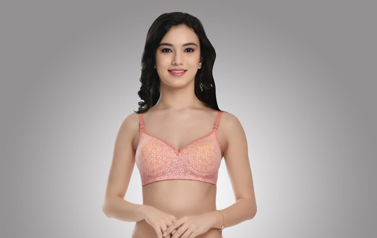front view Liamoure Full Coverage Printed Padded Bra in light red with white floral print, offering stylish and comfortable support for everyday wear.