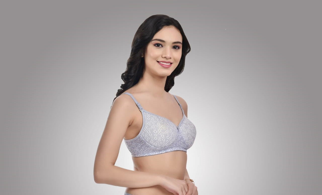 side view Liamoure Full Coverage Printed Padded Bra in light grey with white floral print, offering stylish and comfortable support for everyday wear.