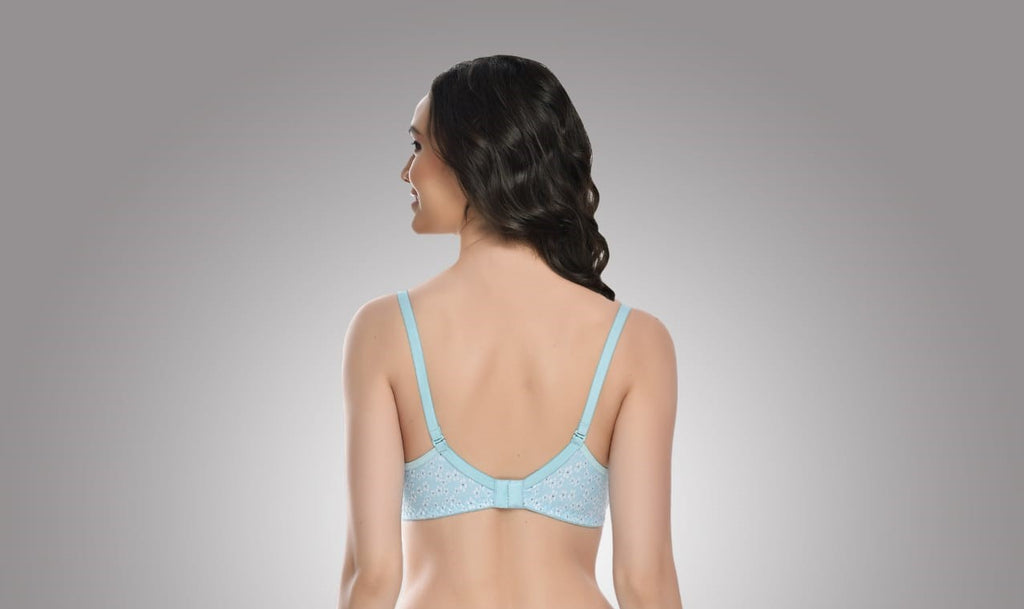 back view Liamoure Full Coverage Printed Padded Bra in light blue with white floral print, offering stylish and comfortable support for everyday wear.