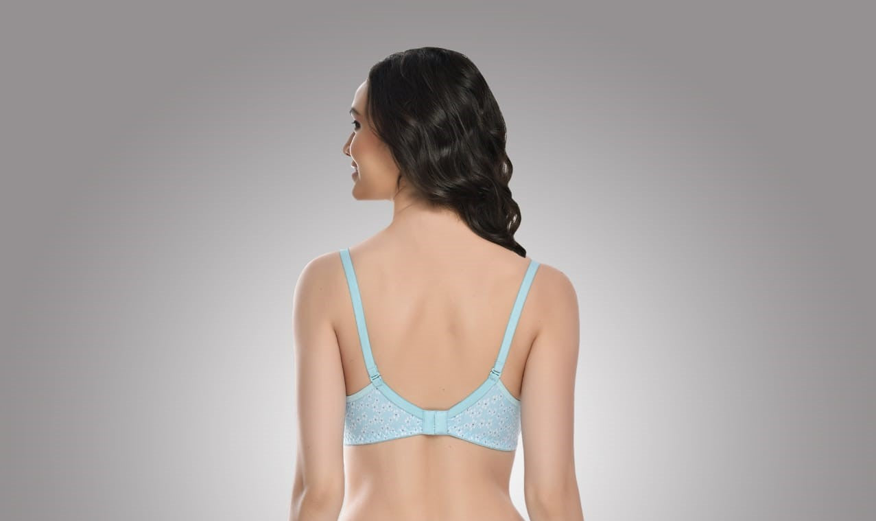 back view Liamoure Full Coverage Printed Padded Bra in light blue with white floral print, offering stylish and comfortable support for everyday wear.
