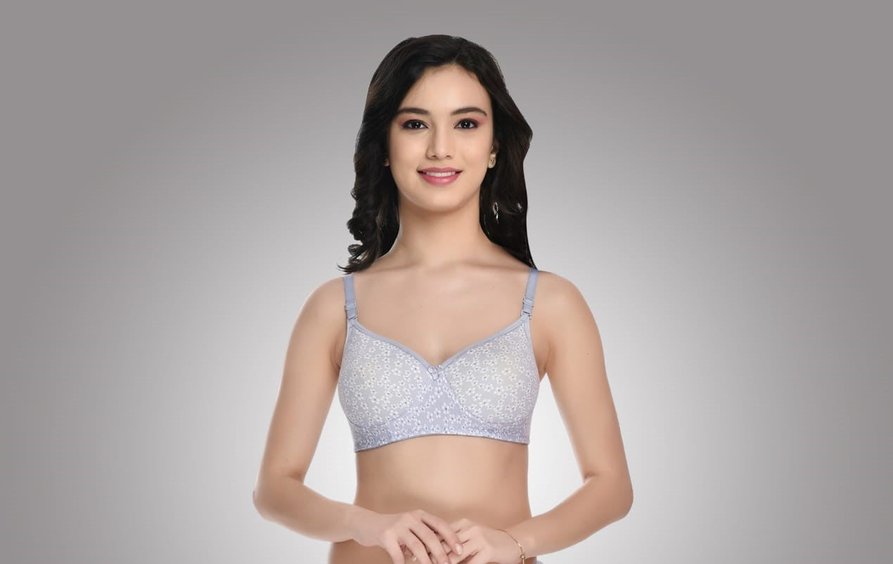 front view Liamoure Full Coverage Printed Padded Bra in light grey with white floral print, offering stylish and comfortable support for everyday wear.
