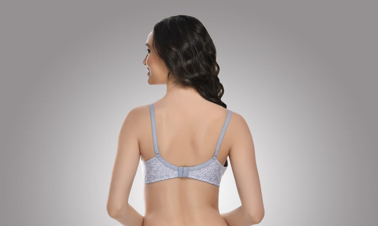 back view Liamoure Full Coverage Printed Padded Bra in light grey with white floral print, offering stylish and comfortable support for everyday wear.