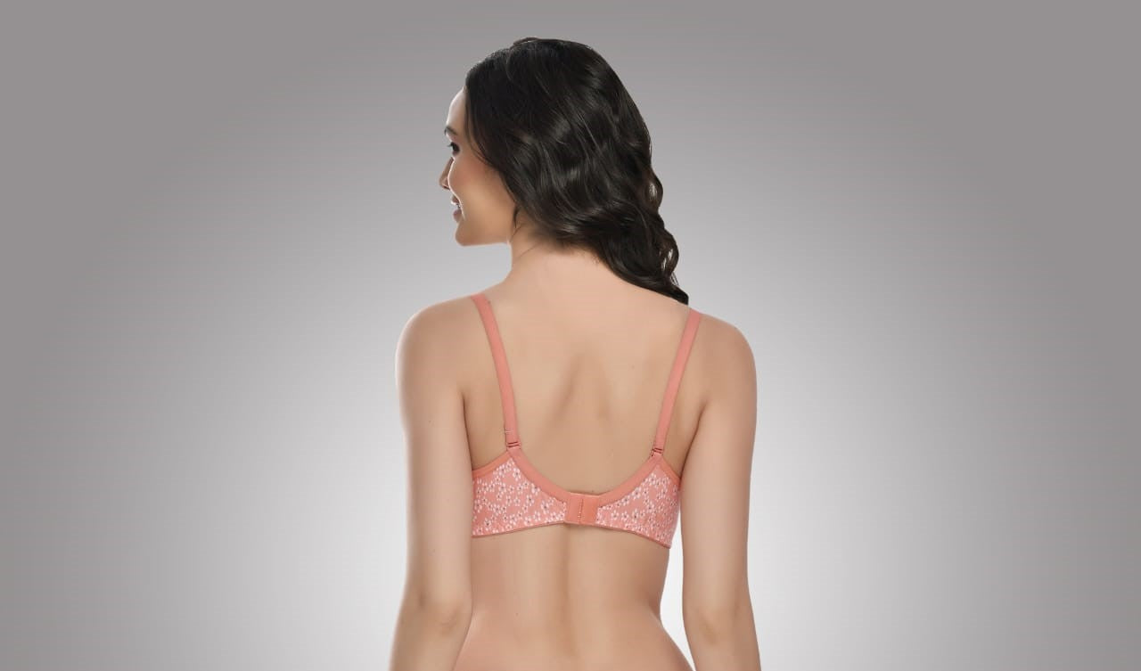 back view Liamoure Full Coverage Printed Padded Bra in light red with white floral print, offering stylish and comfortable support for everyday wear.
