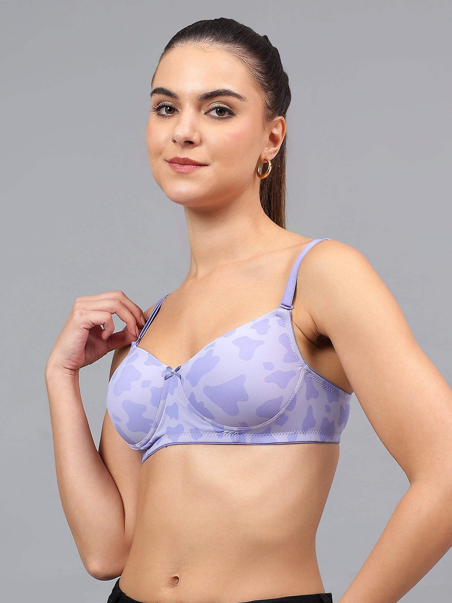 Premium Liamoure Lightly Padded T-Shirt Bra in lavender with a modern print, featuring full coverage and a comfortable non-wired design.