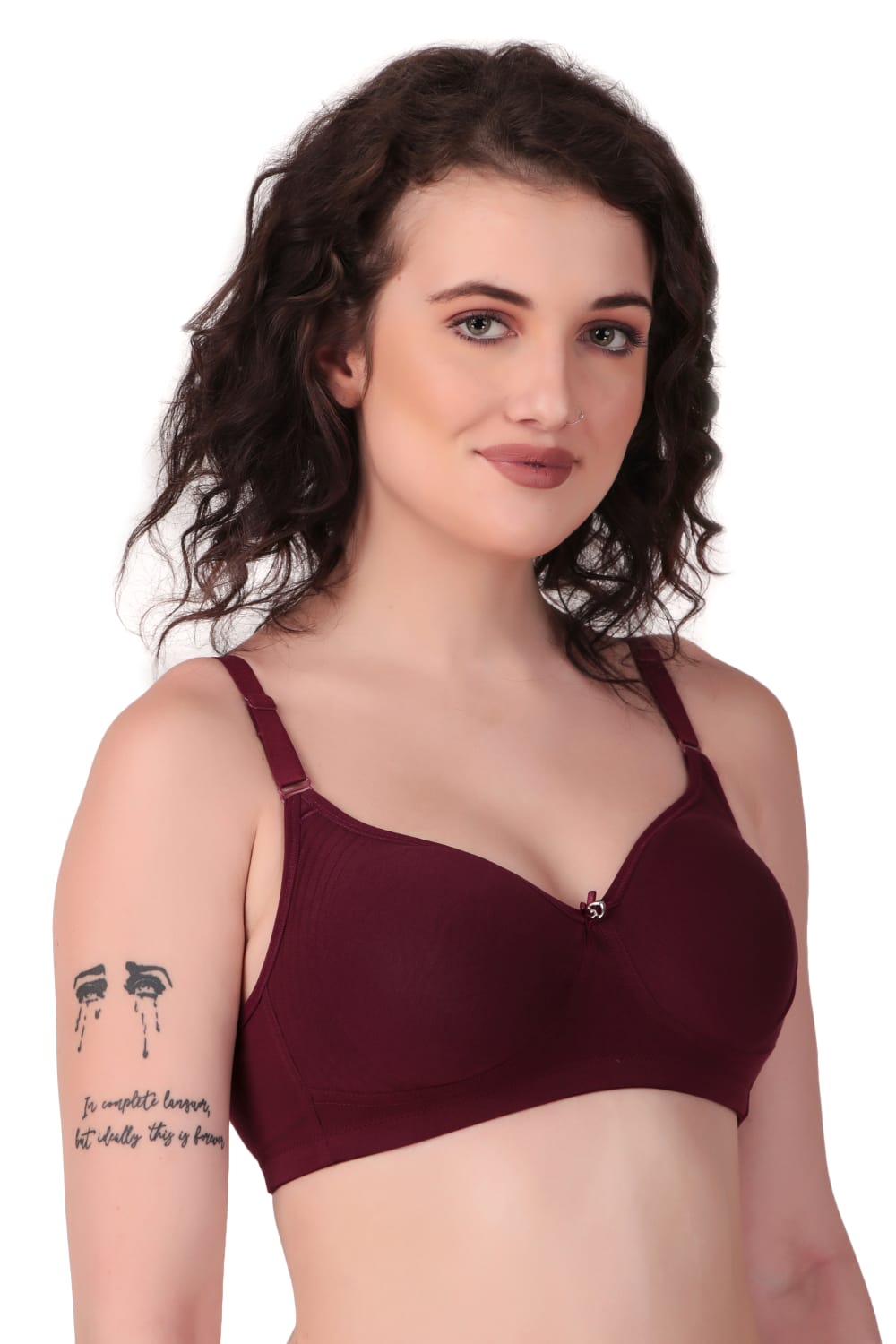 left side View of woman wearing Liamoure Medium Coverage Non Padded Cotton T-shirt Bra All Day Comfort in maroon Color