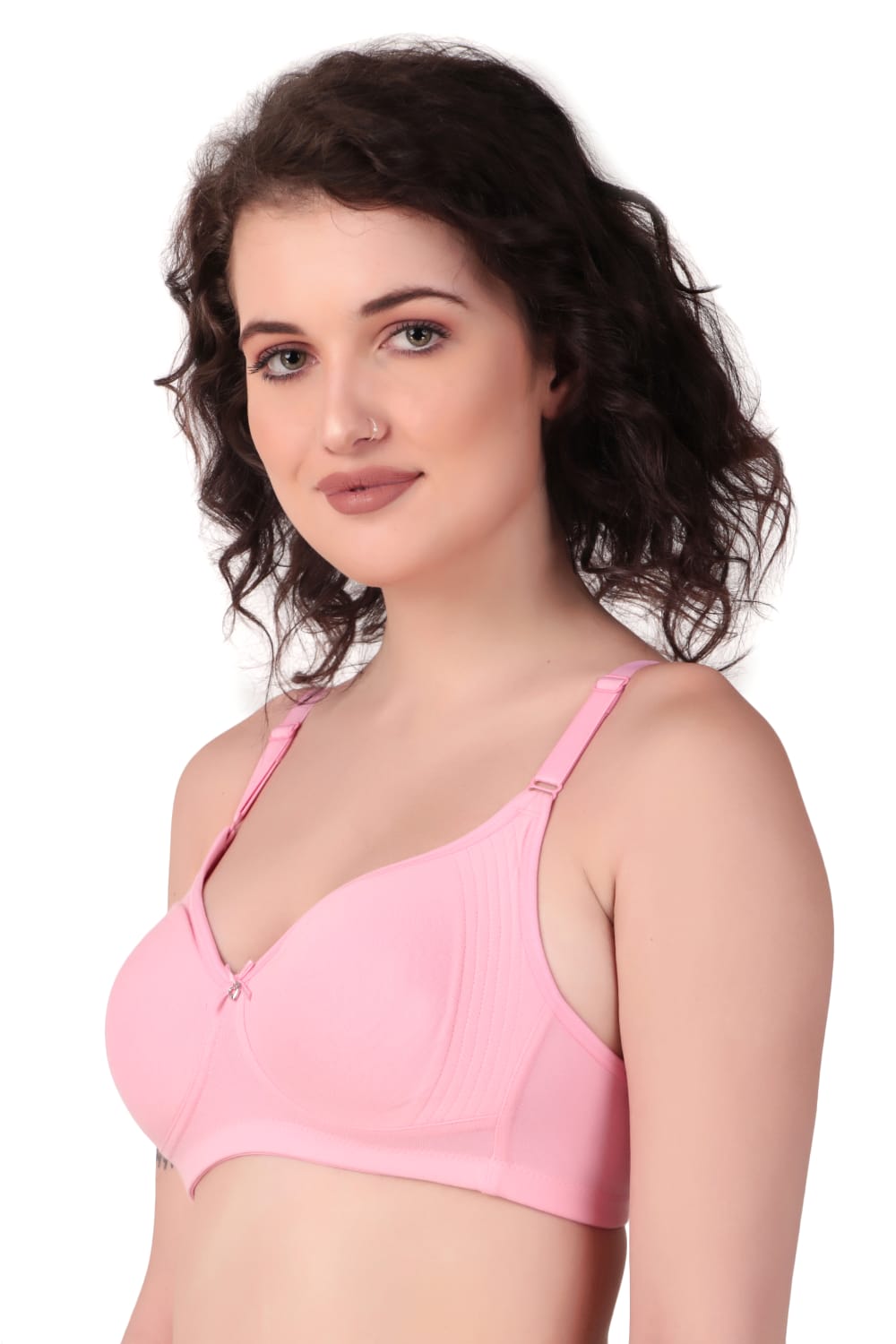 side View of woman wearing Liamoure Medium Coverage Non Padded Cotton T-shirt Bra All Day Comfort in Red in Color