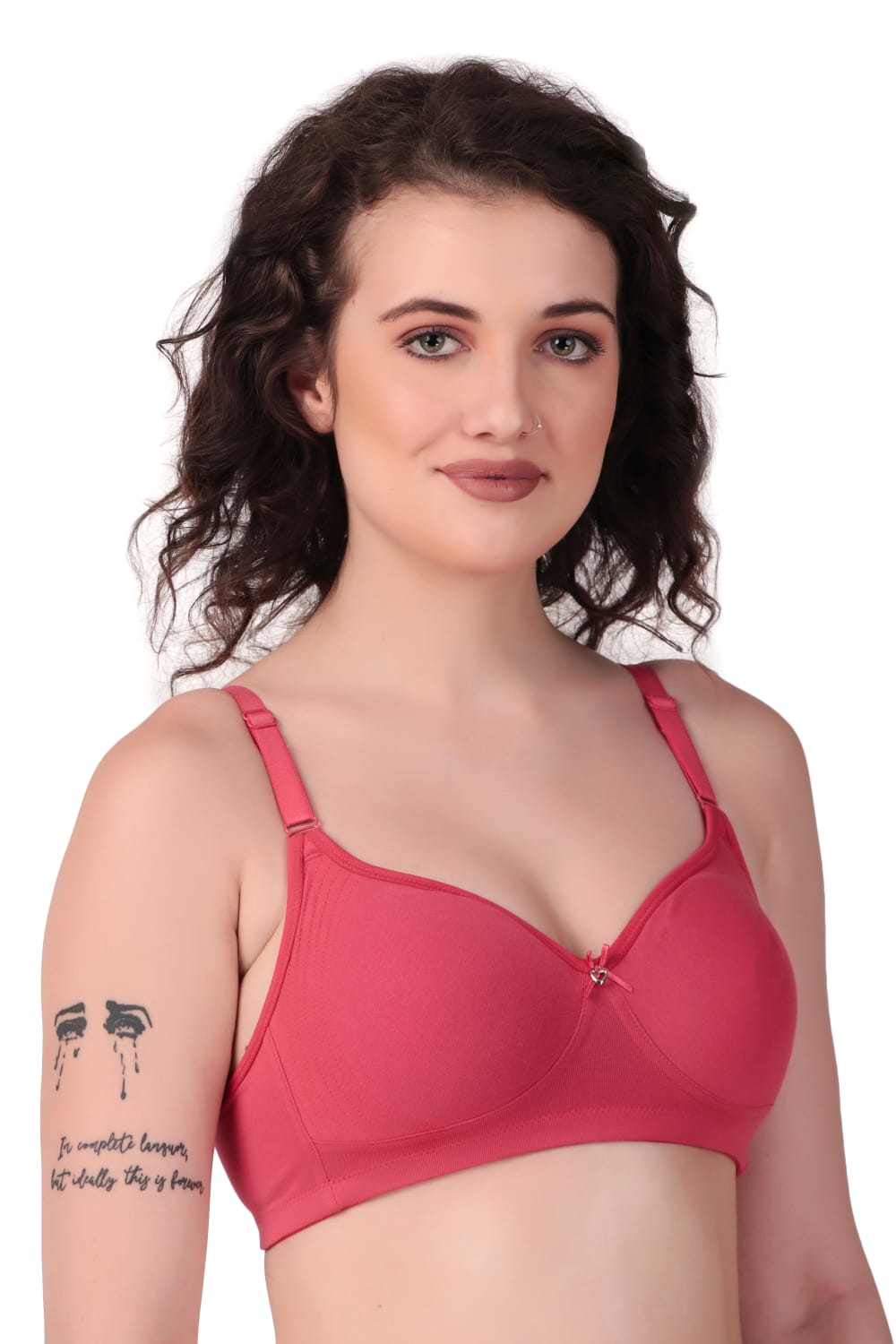 left side View of woman wearing Liamoure Medium Coverage Non Padded Cotton T-shirt Bra All Day Comfort in Red  Color