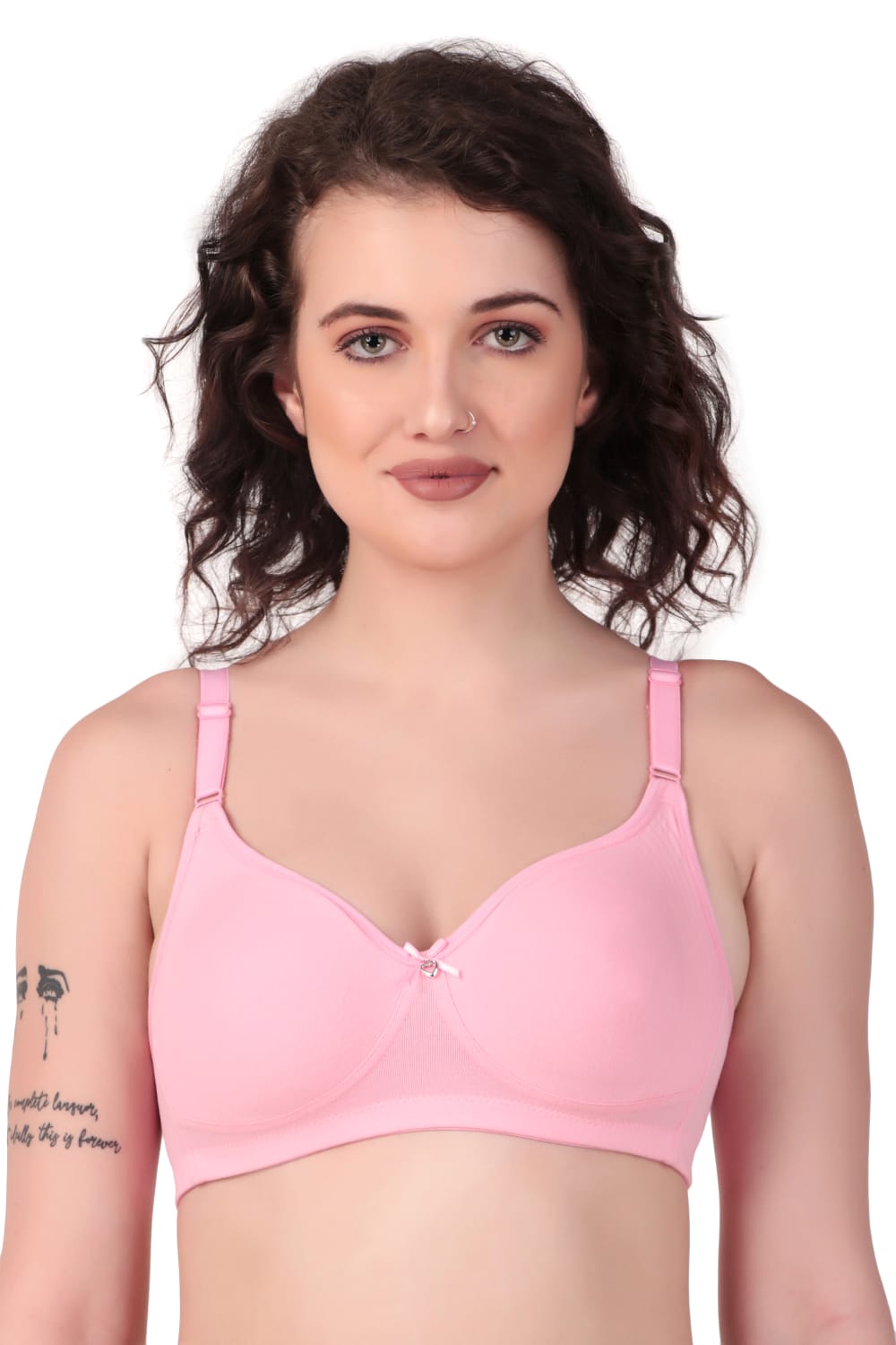 Front View of woman wearing Liamoure Medium Coverage Non Padded Cotton T-shirt Bra All Day Comfort in baby pink Color