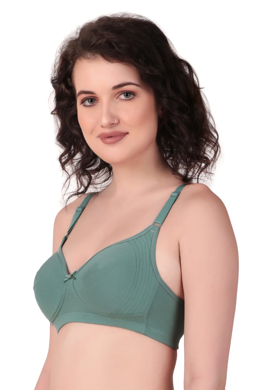 side View of woman wearing Liamoure Medium Coverage Non Padded Cotton T-shirt Bra All Day Comfort in green Color