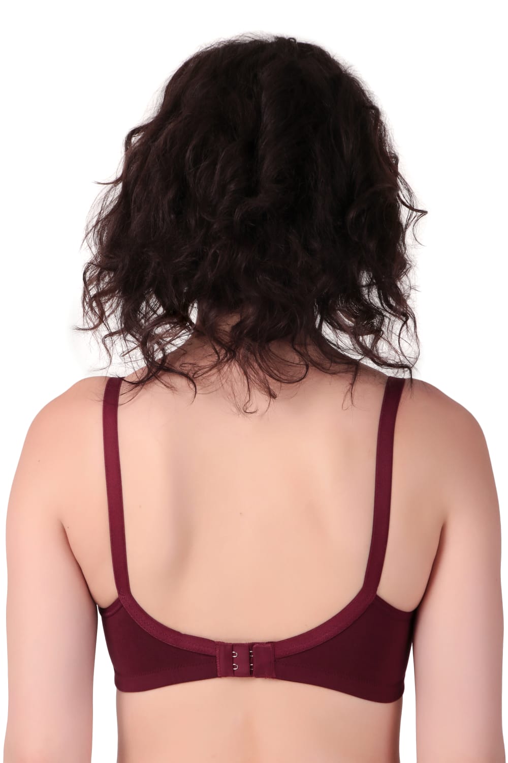 back View of woman wearing Liamoure Medium Coverage Non Padded Cotton T-shirt Bra All Day Comfort in maroon Color