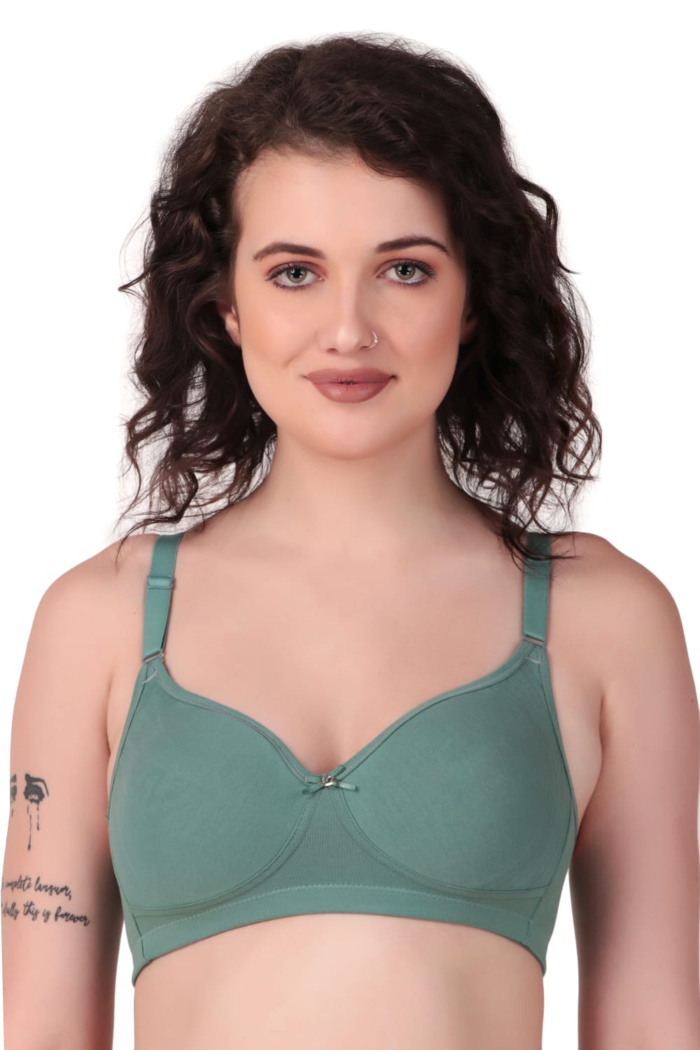 Front View of woman wearing Liamoure Medium Coverage Non Padded Cotton T-shirt Bra All Day Comfort in green Color