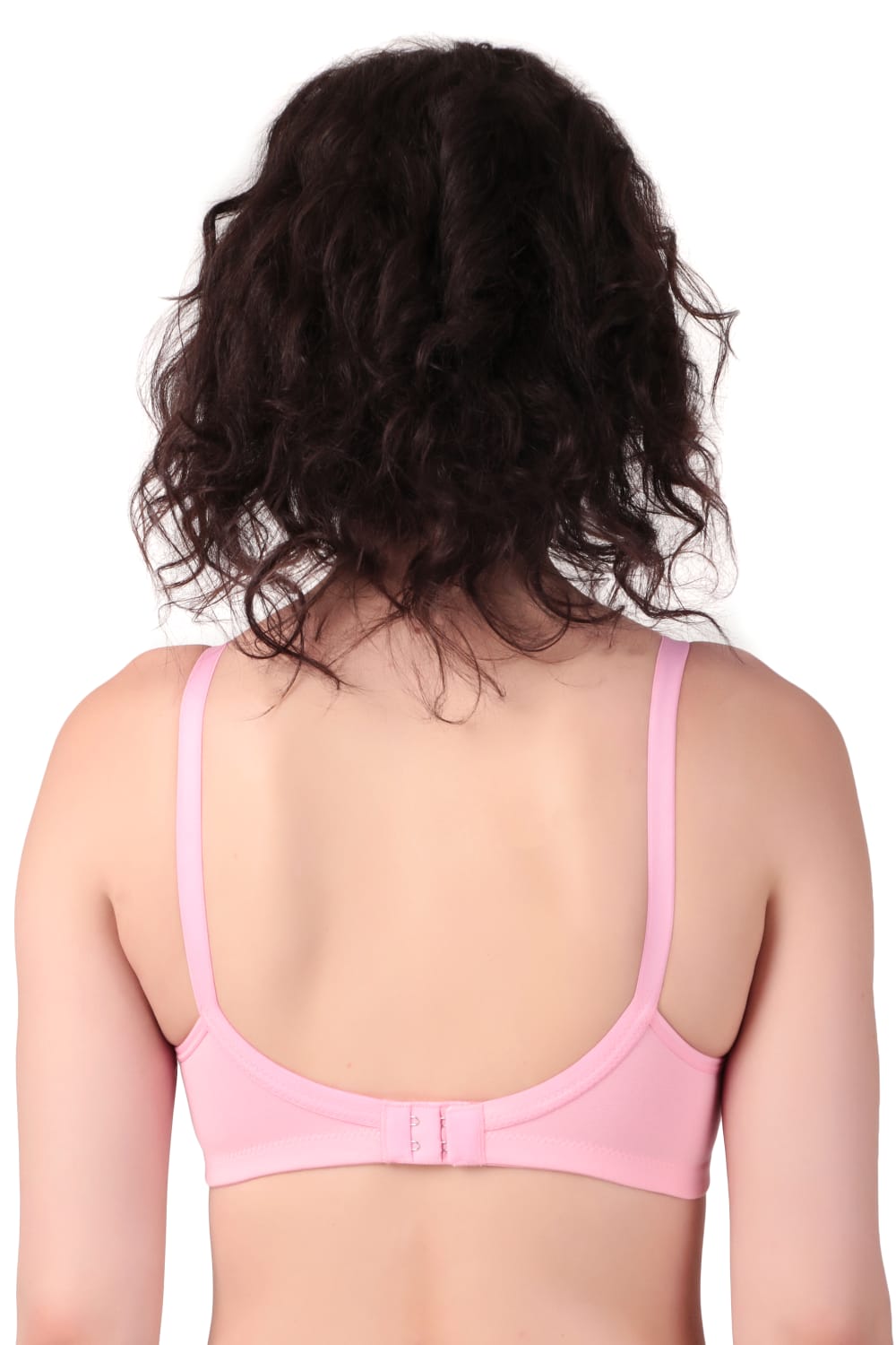 back View of woman wearing Liamoure Medium Coverage Non Padded Cotton T-shirt Bra All Day Comfort in baby pink Color