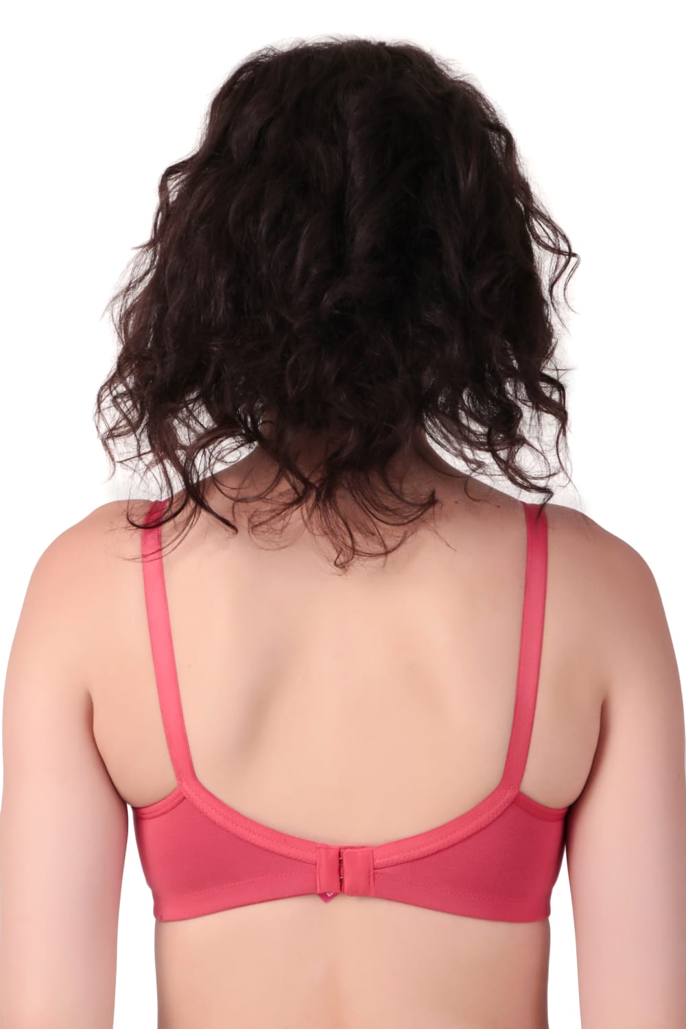 back View of woman wearing Liamoure Medium Coverage Non Padded Cotton T-shirt Bra All Day Comfort in Red  Color