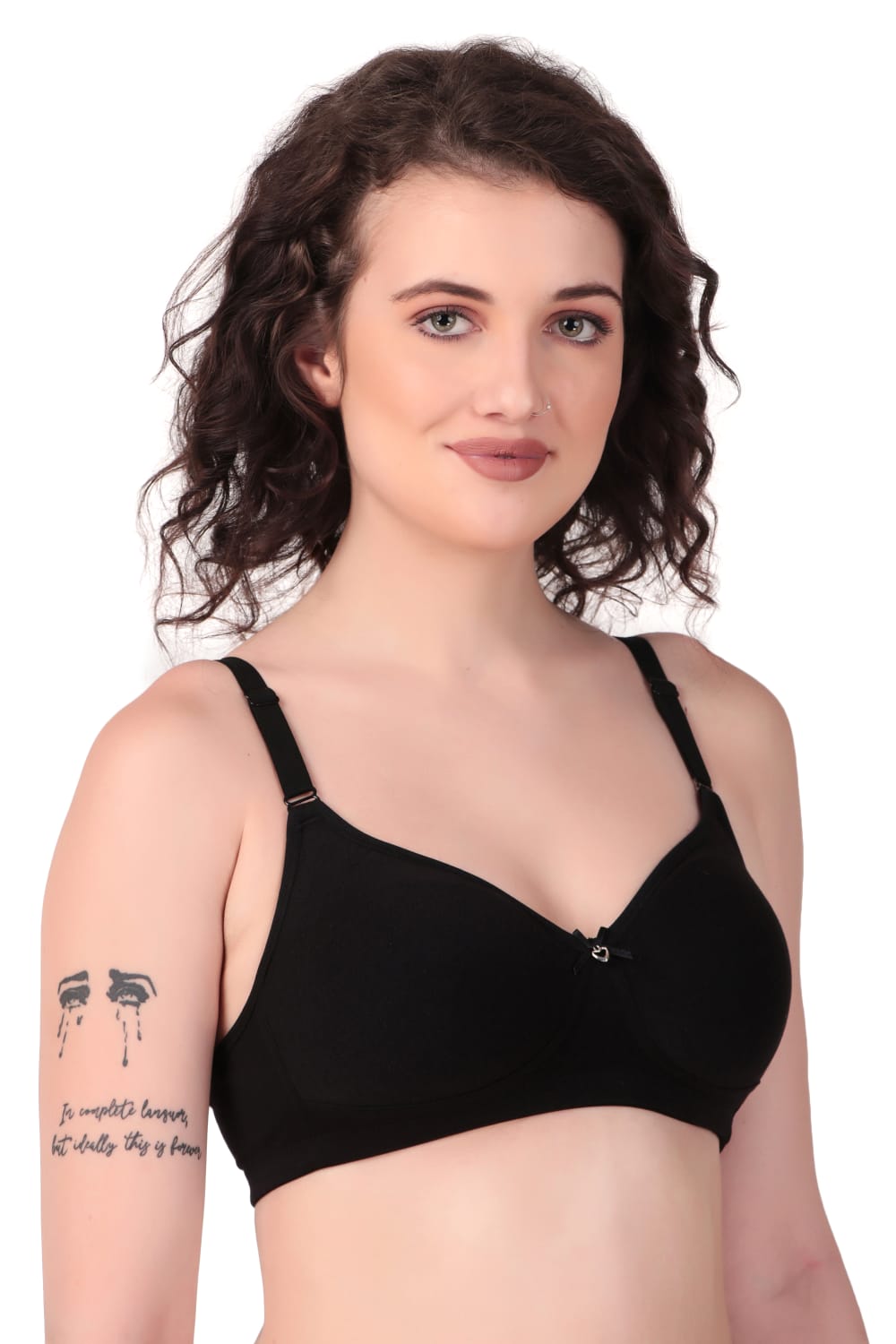 left side View of woman wearing Liamoure Medium Coverage Non Padded Cotton T-shirt Bra All Day Comfort in black Color