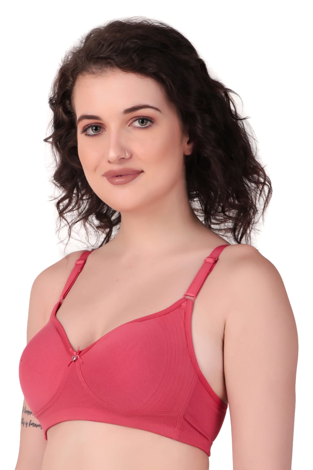 side View of woman wearing Liamoure Medium Coverage Non Padded Cotton T-shirt Bra All Day Comfort in Red  Color