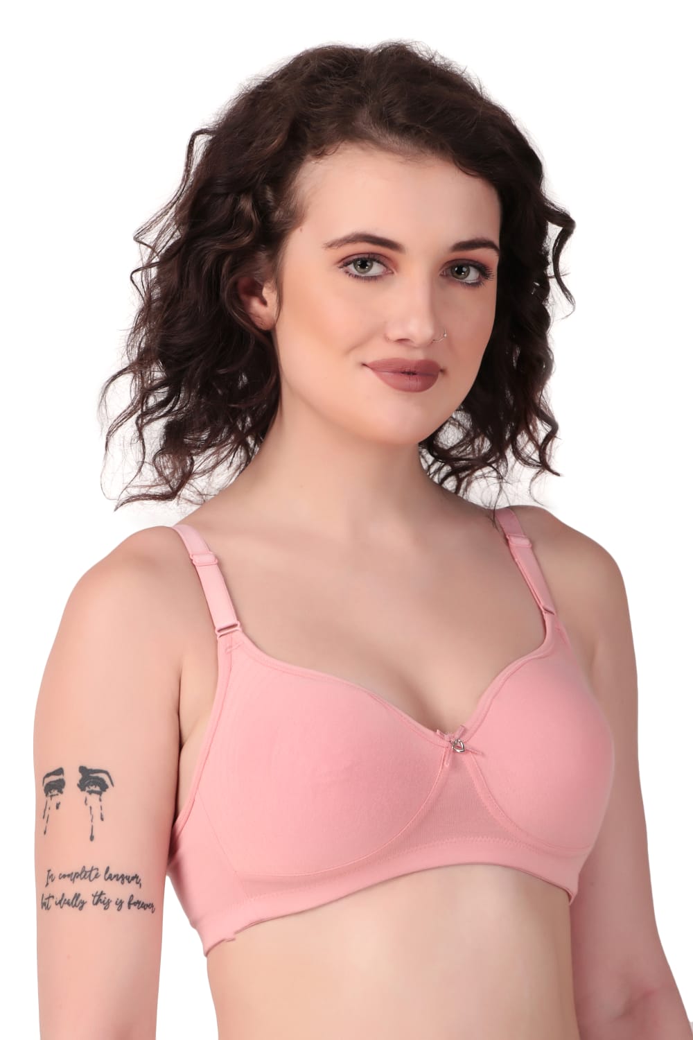 left side View of woman wearing Liamoure Medium Coverage Non Padded Cotton T-shirt Bra All Day Comfort in pink Color