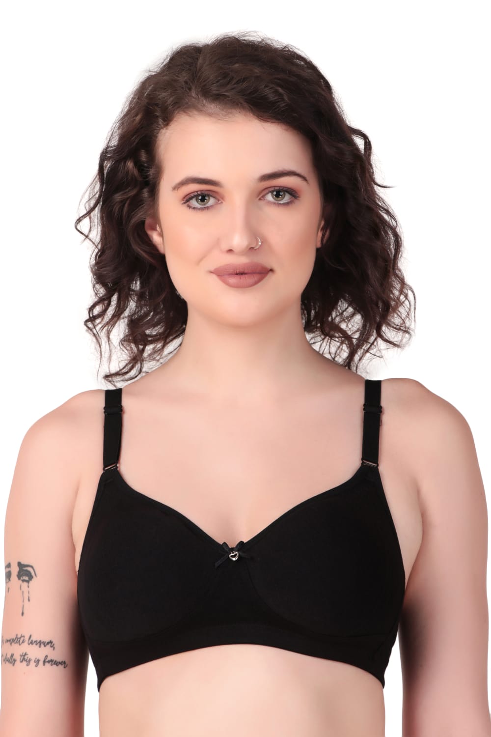 Front View of woman wearing Liamoure Medium Coverage Non Padded Cotton T-shirt Bra All Day Comfort in black  Color