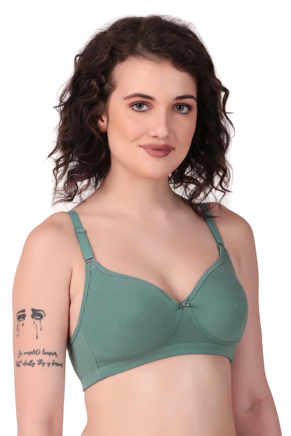 left side View of woman wearing Liamoure Medium Coverage Non Padded Cotton T-shirt Bra All Day Comfort in green Color