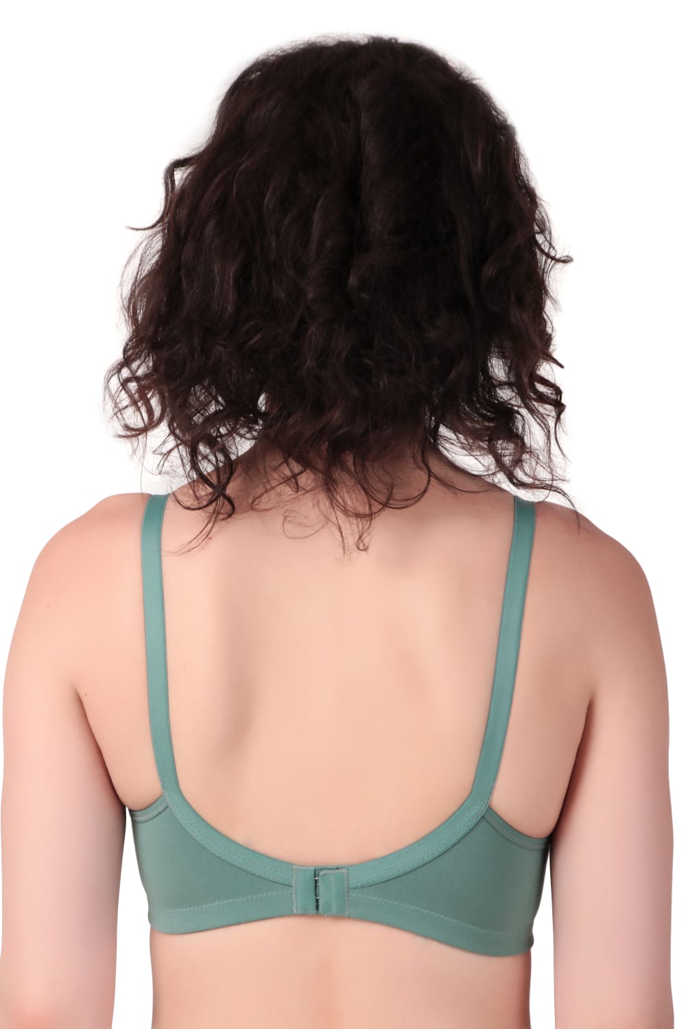 back View of woman wearing Liamoure Medium Coverage Non Padded Cotton T-shirt Bra All Day Comfort in green Color