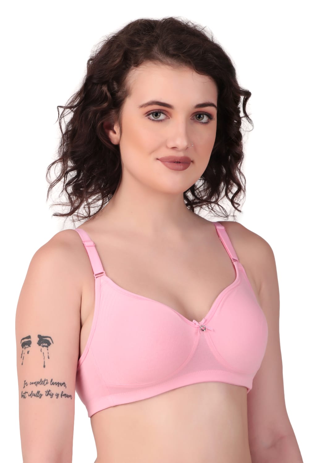 left side View of woman wearing Liamoure Medium Coverage Non Padded Cotton T-shirt Bra All Day Comfort in Red in Color
