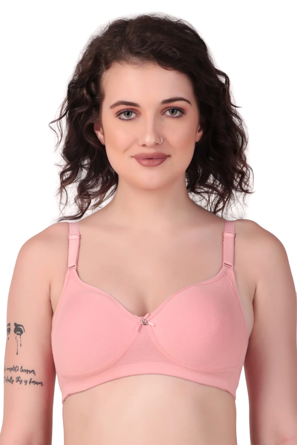 Front View of woman wearing Liamoure Medium Coverage Non Padded Cotton T-shirt Bra All Day Comfort in pink Color