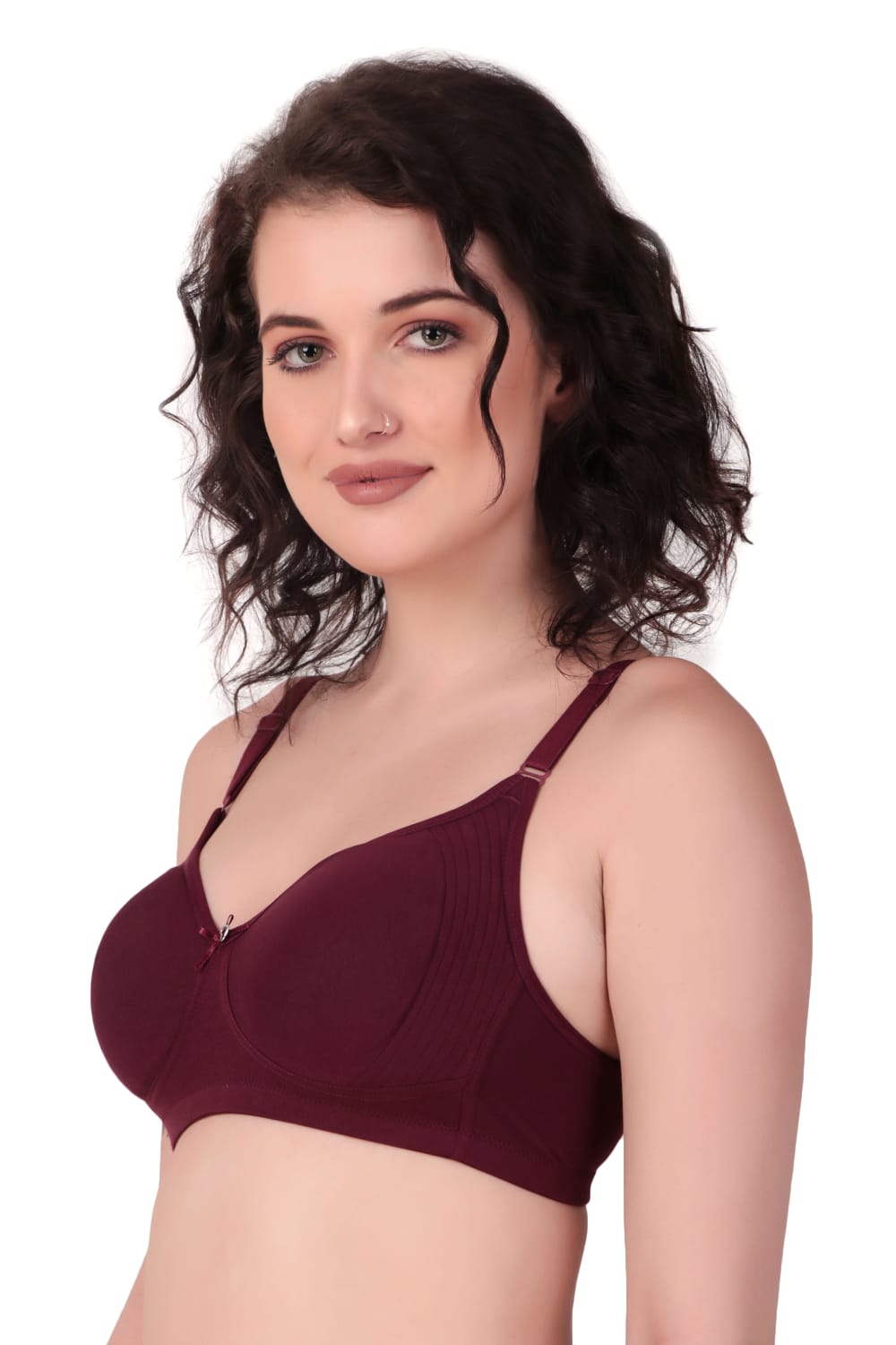 side View of woman wearing Liamoure Medium Coverage Non Padded Cotton T-shirt Bra All Day Comfort in maroon Color