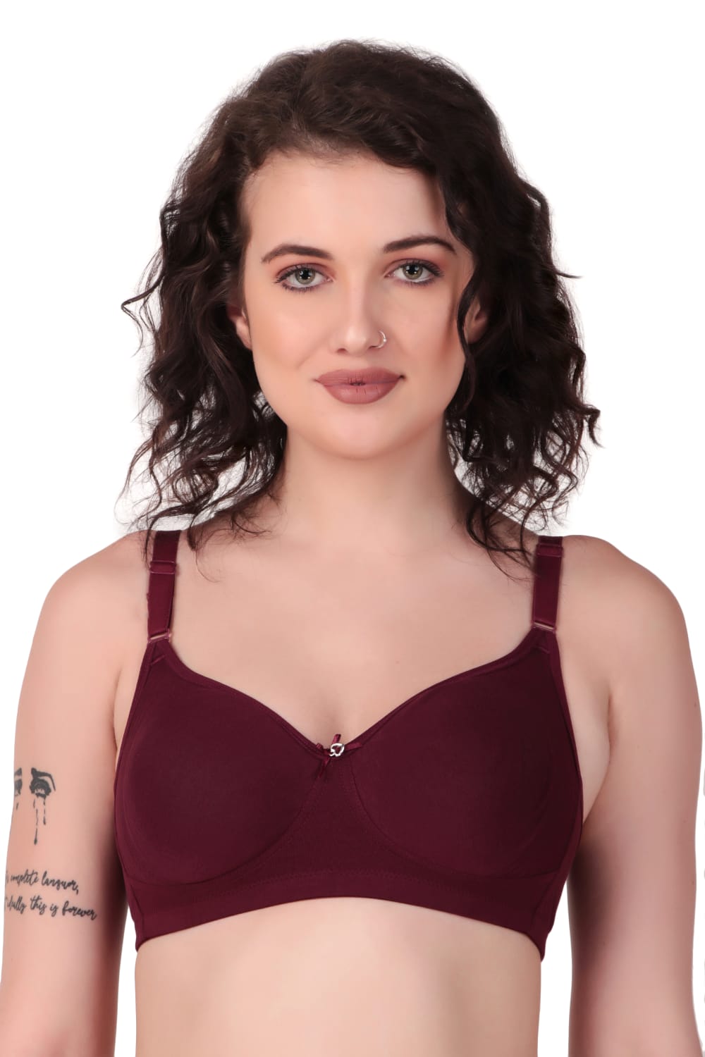 Front View of woman wearing Liamoure Medium Coverage Non Padded Cotton T-shirt Bra All Day Comfort in maroon Color