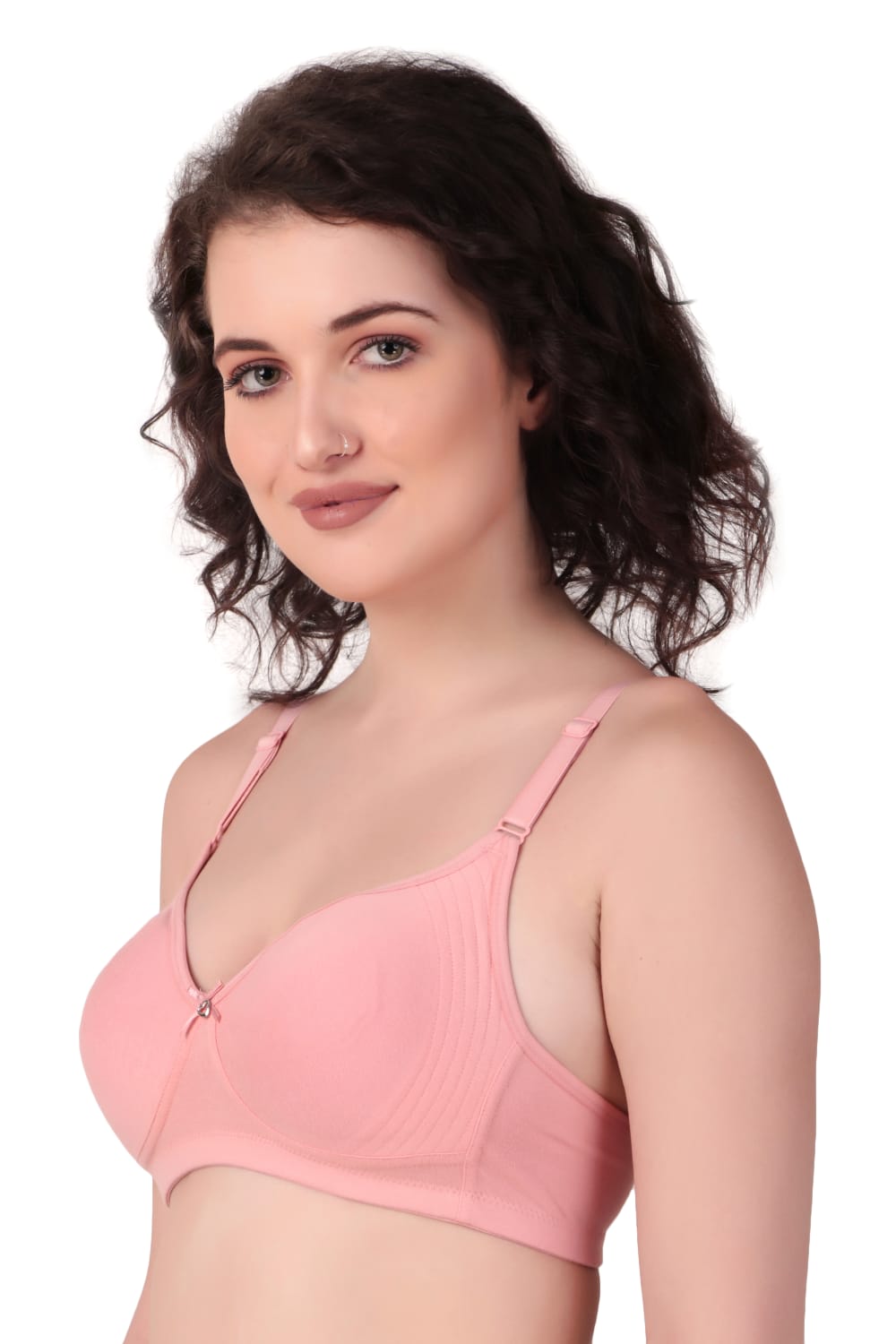 side View of woman wearing Liamoure Medium Coverage Non Padded Cotton T-shirt Bra All Day Comfortin pink Color