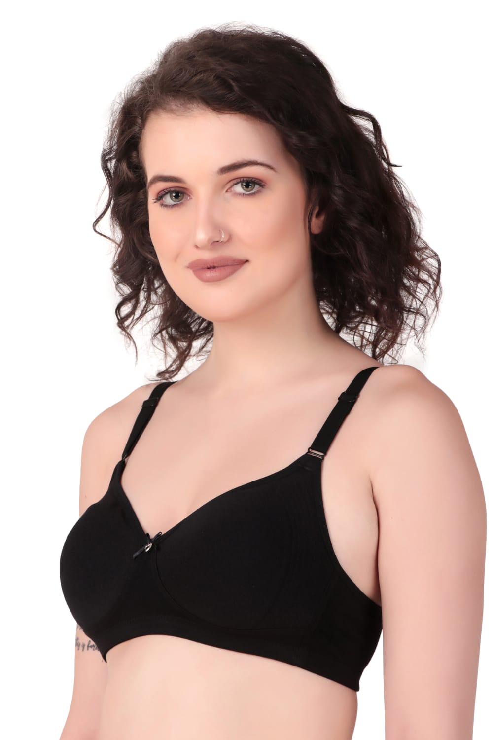 side View of woman wearing Liamoure Medium Coverage Non Padded Cotton T-shirt Bra All Day Comfort in black Color