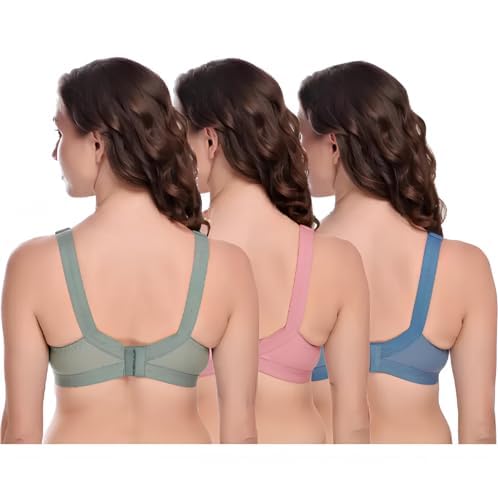back view women wearing Liamoure Non Padded Bra best full coverage bra for heavy breast  in green, pink and blue colors
