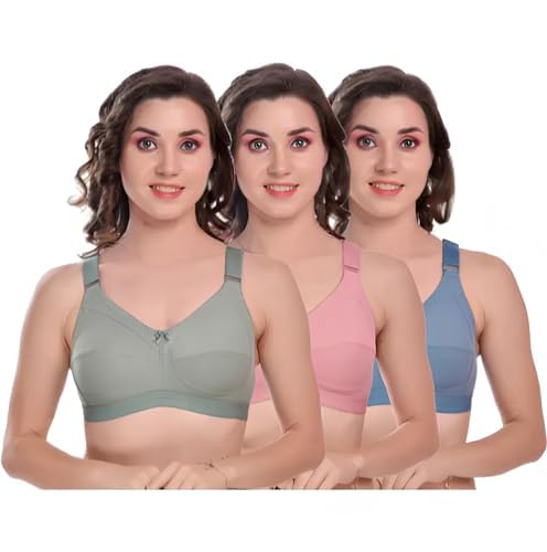 front view women wearing Liamoure Non Padded Bra best full coverage bra for heavy breast in green, pink and blue colors