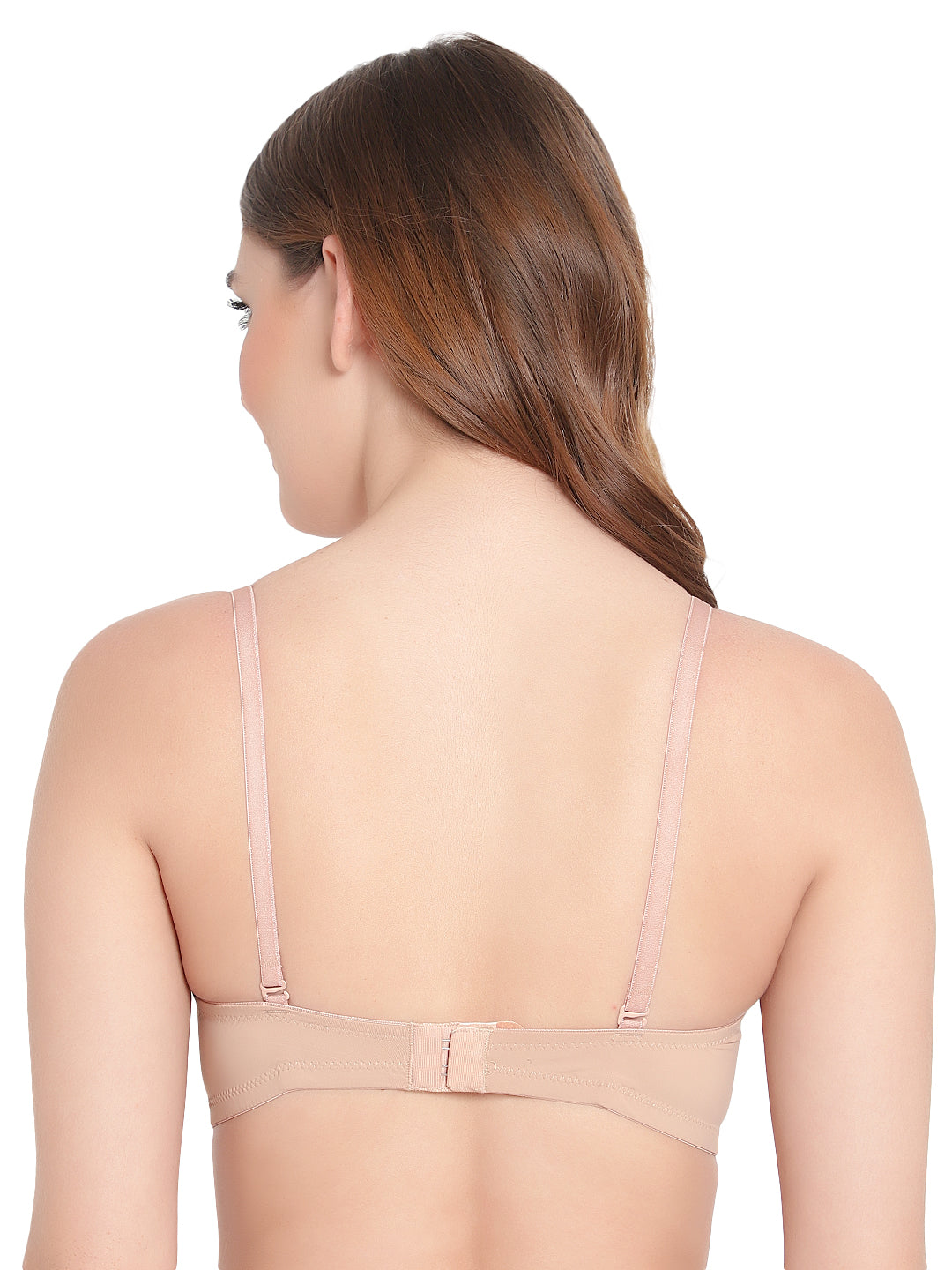 Back view of Liamoure Open Secret Nude T-Shirt Bra, showcasing adjustable straps and a secure hook closure for a comfortable fit.