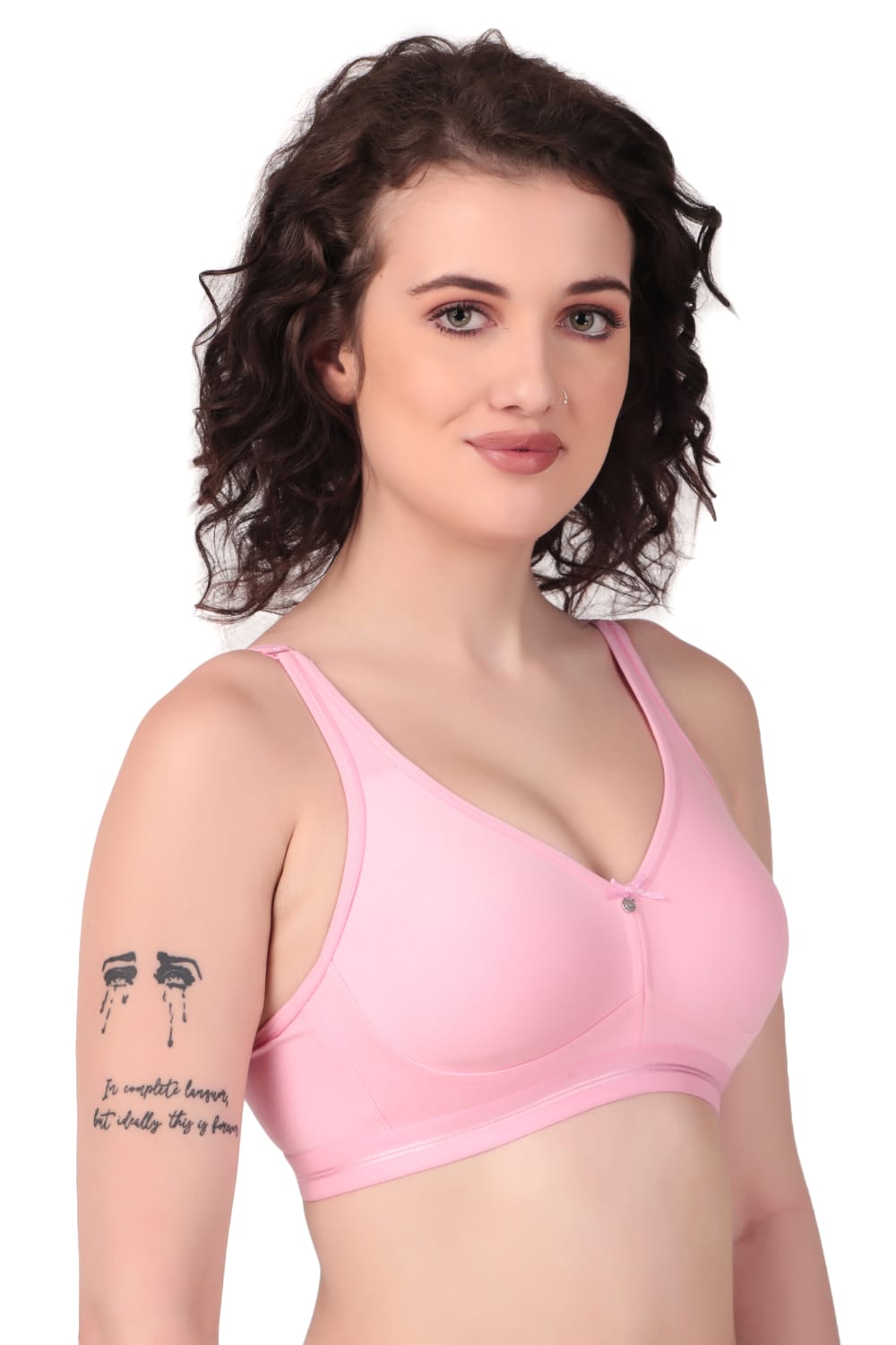 side view Liamoure Premium non padded Bra Cotton Full-Coverage Non Wired in pink, featuring soft cotton fabric and full-coverage design for everyday comfort.