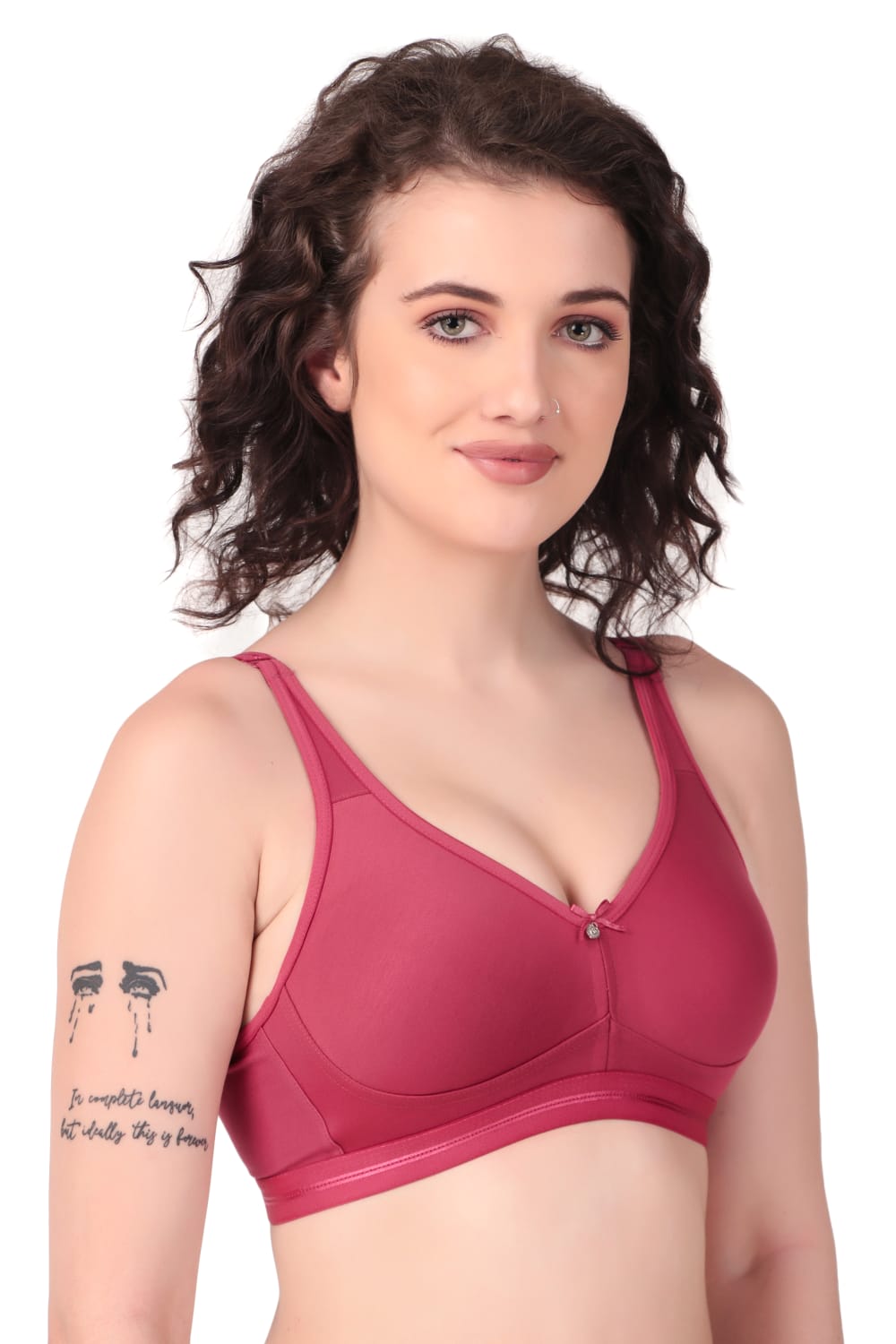 side view Liamoure Premium non padded Bra Cotton Full-Coverage Non Wired in maroon, featuring soft cotton fabric and full-coverage design for everyday comfort.