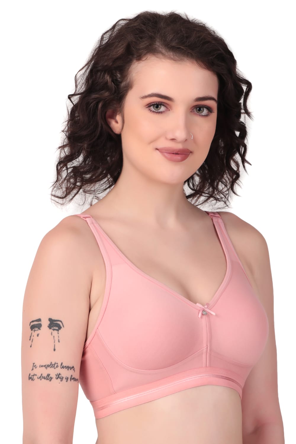 side view Liamoure Premium non padded Bra Cotton Full-Coverage Non Wired in pink, featuring soft cotton fabric and full-coverage design for everyday comfort.
