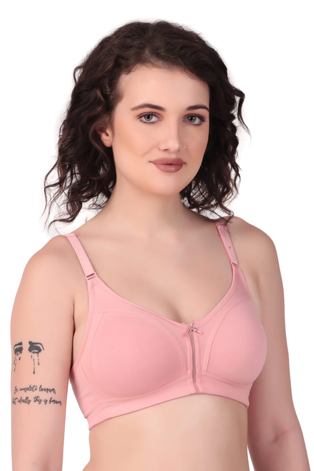 side view woman wearing Liamoure best seamless bra Medium Coverage Non-Wired Non Padded bra for woman in pink color bra