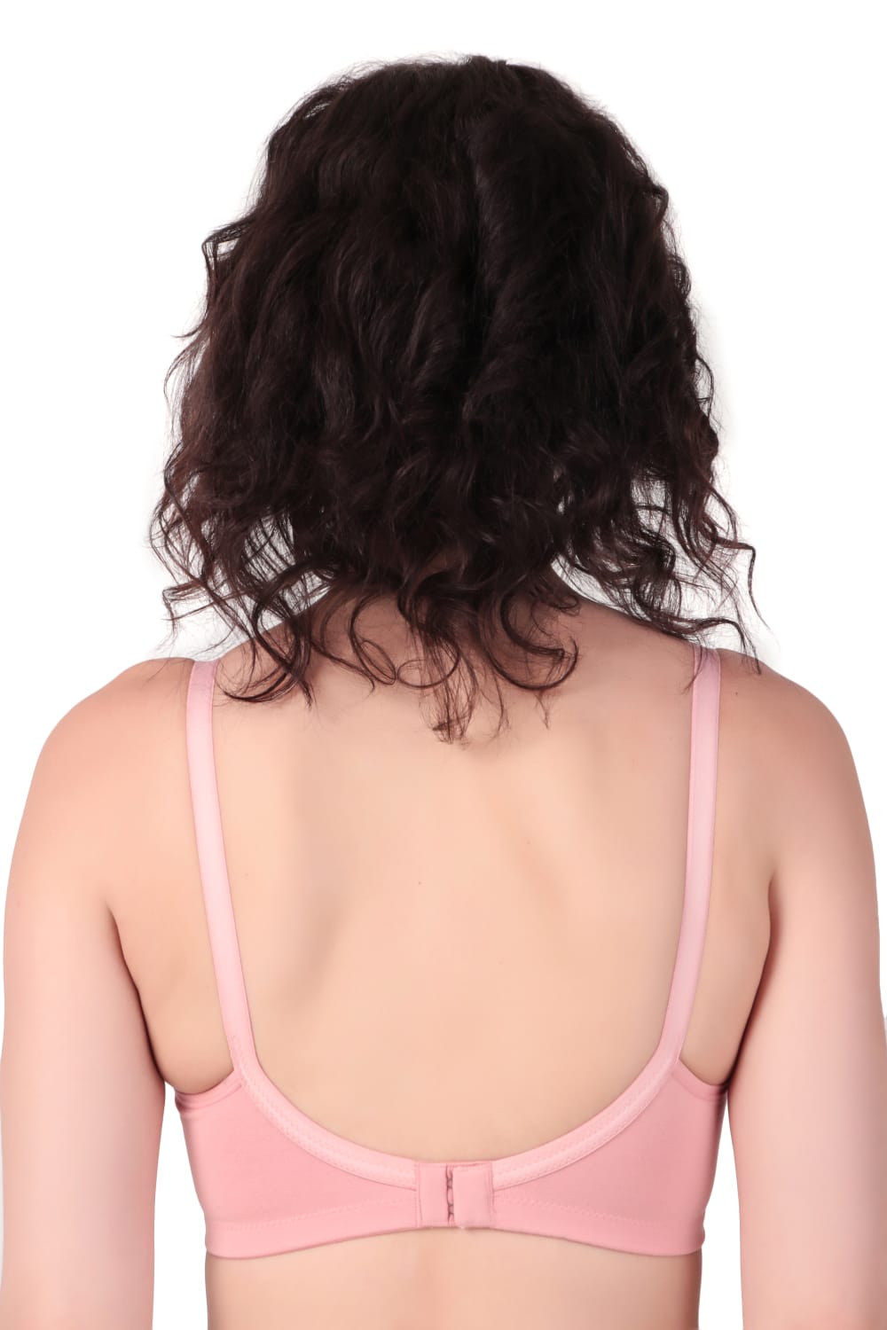 back view woman wearing Liamoure best seamless bra Medium Coverage Non-Wired Non Padded bra for woman in pink color bra