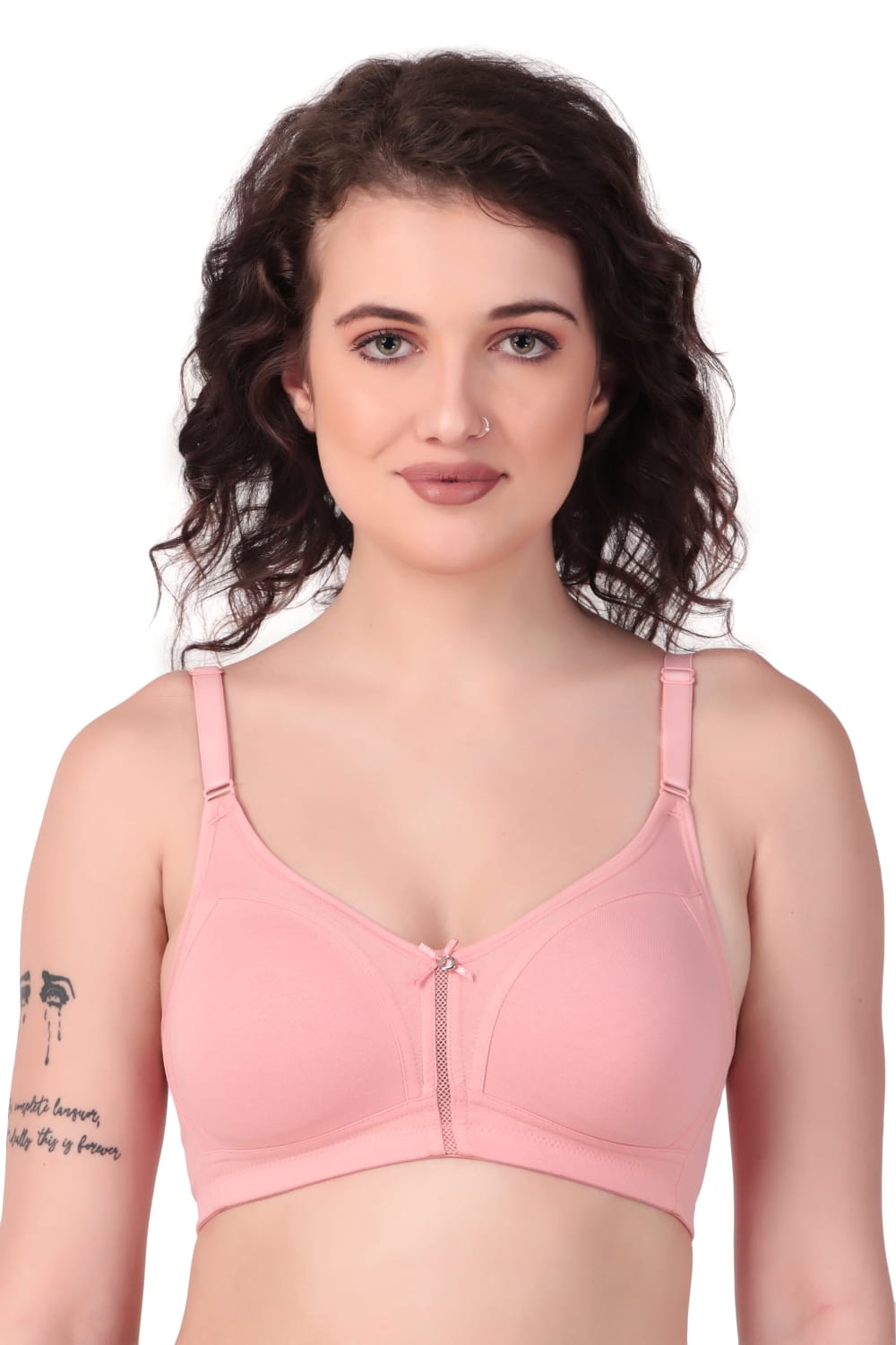 front view woman wearing Liamoure best seamless bra Medium Coverage Non-Wired Non Padded bra for woman in pink color bra