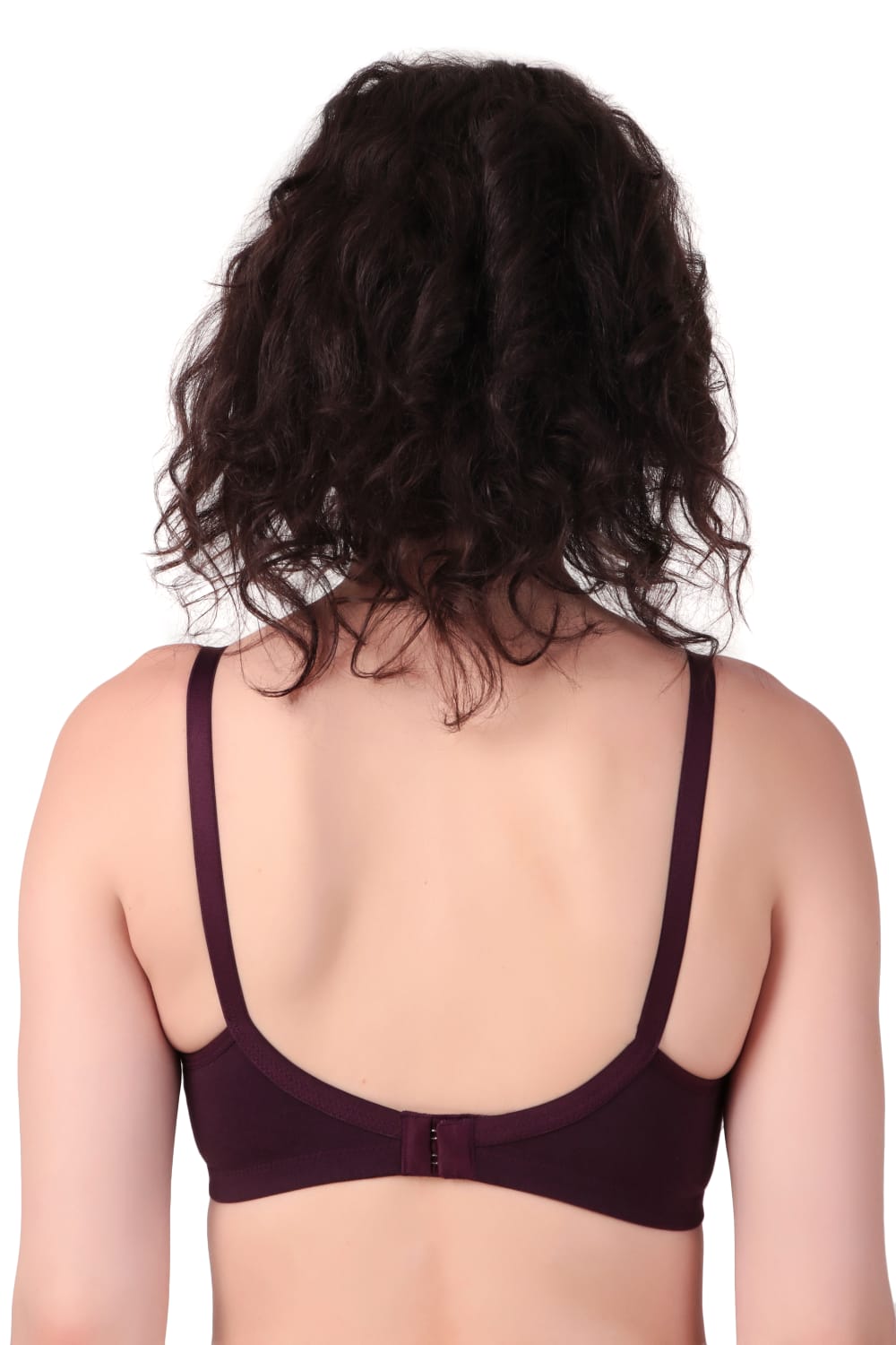 back view woman wearing Liamoure best seamless bra Medium Coverage Non-Wired Non Padded bra for woman in black color bra