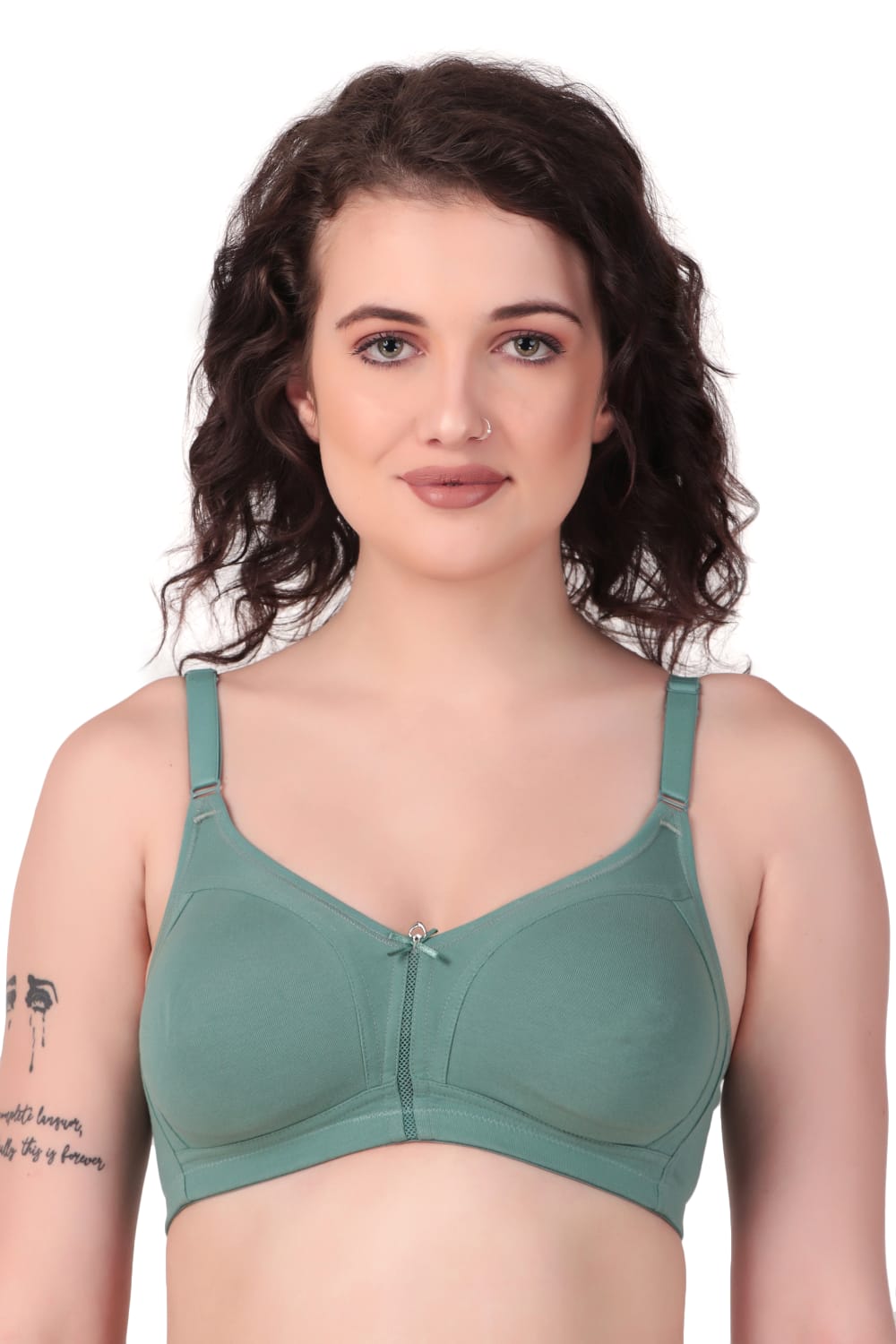 front view woman wearing Liamoure best seamless bra Medium Coverage Non-Wired Non Padded bra for woman in green color