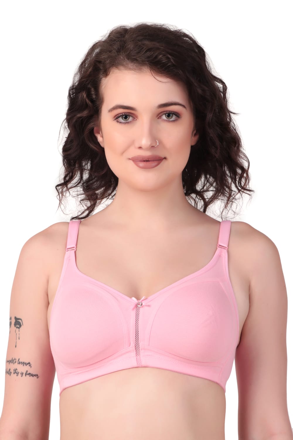 front view woman wearing Liamoure best seamless bra Medium Coverage Non-Wired Non Padded bra for woman in pink color