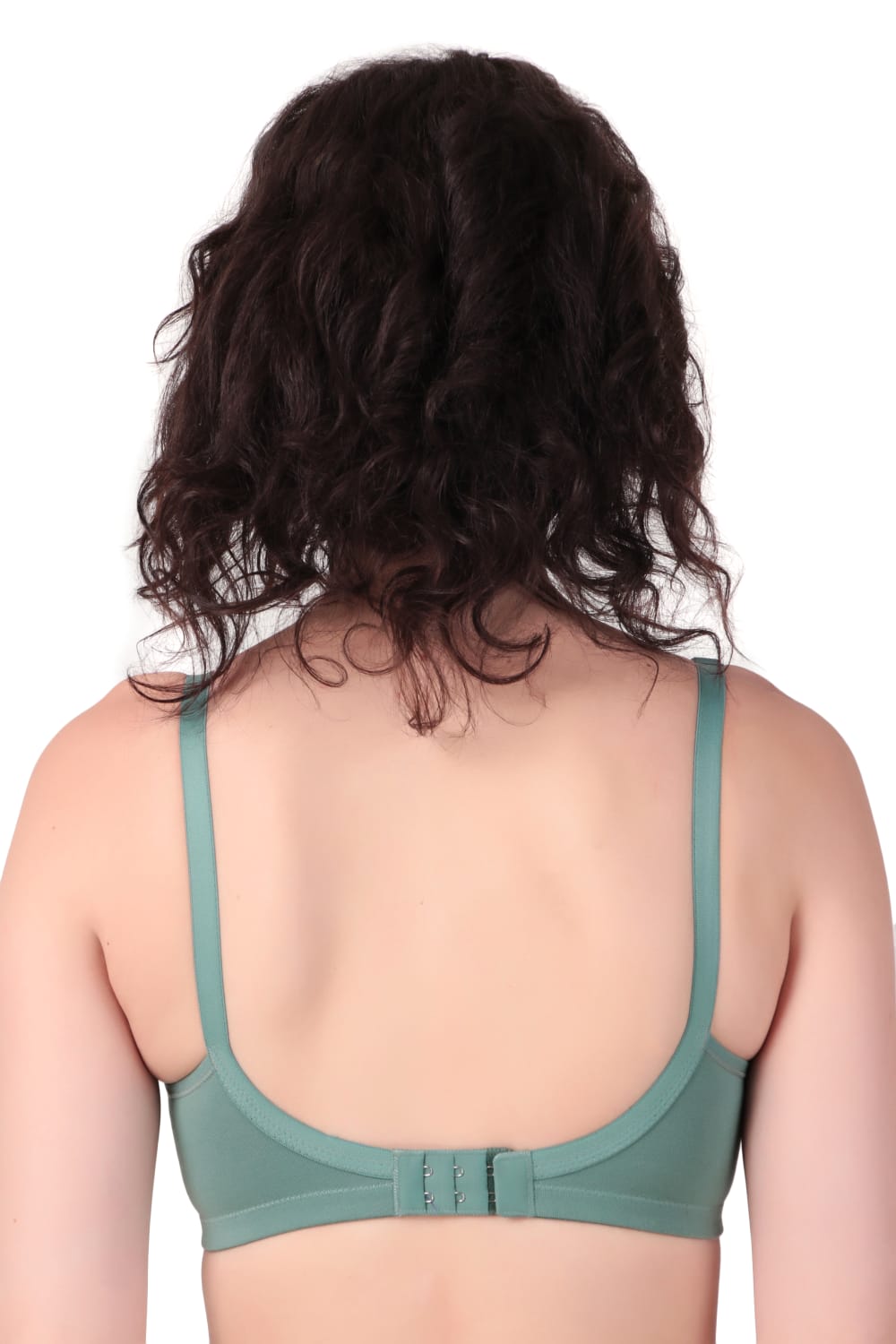 back view woman wearing Liamoure best seamless bra Medium Coverage Non-Wired Non Padded bra for woman in green color