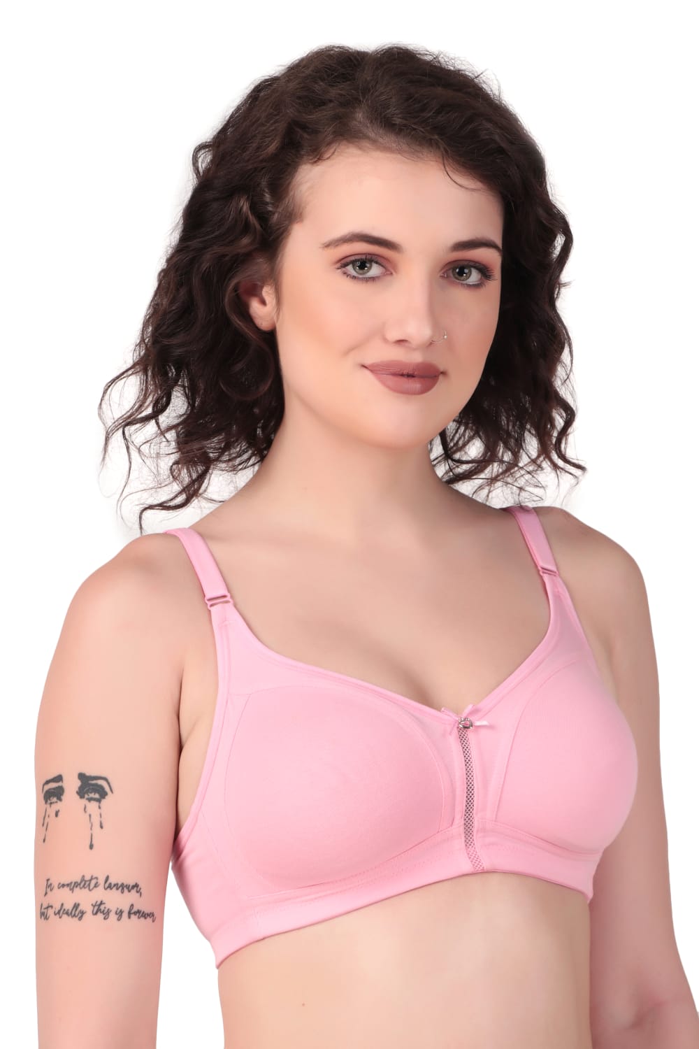 right side view woman wearing Liamoure best seamless bra Medium Coverage Non-Wired Non Padded bra for woman in pink color