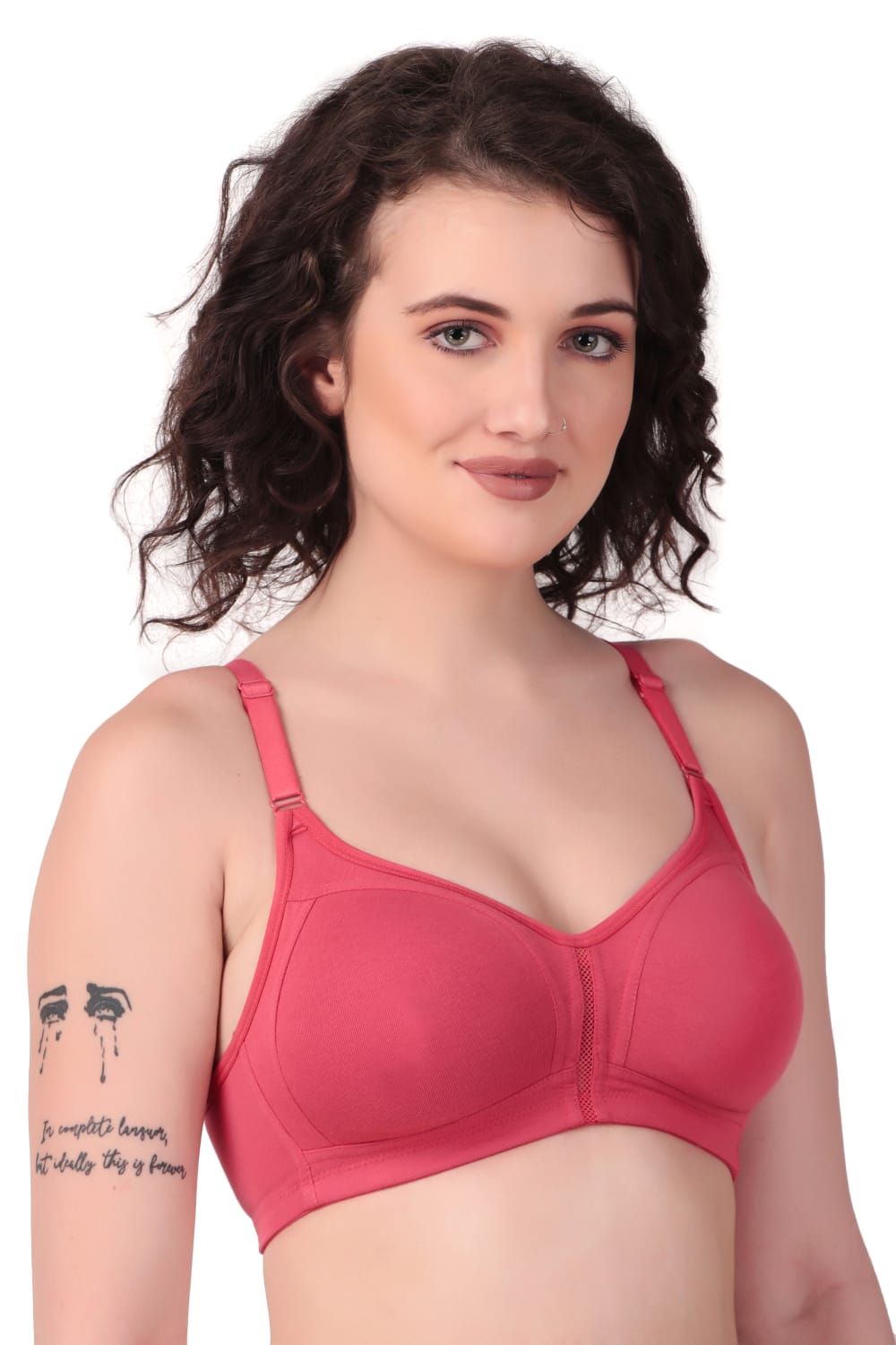 side view woman wearing Liamoure best seamless bra Medium Coverage Non-Wired Non Padded bra for woman  in red color bra