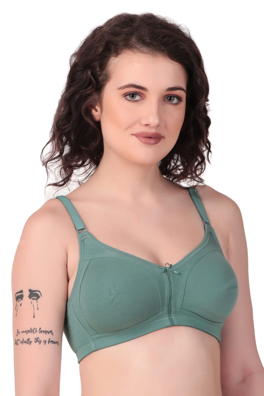 left side view woman wearing Liamoure best seamless bra Medium Coverage Non-Wired Non Padded bra for woman in green color