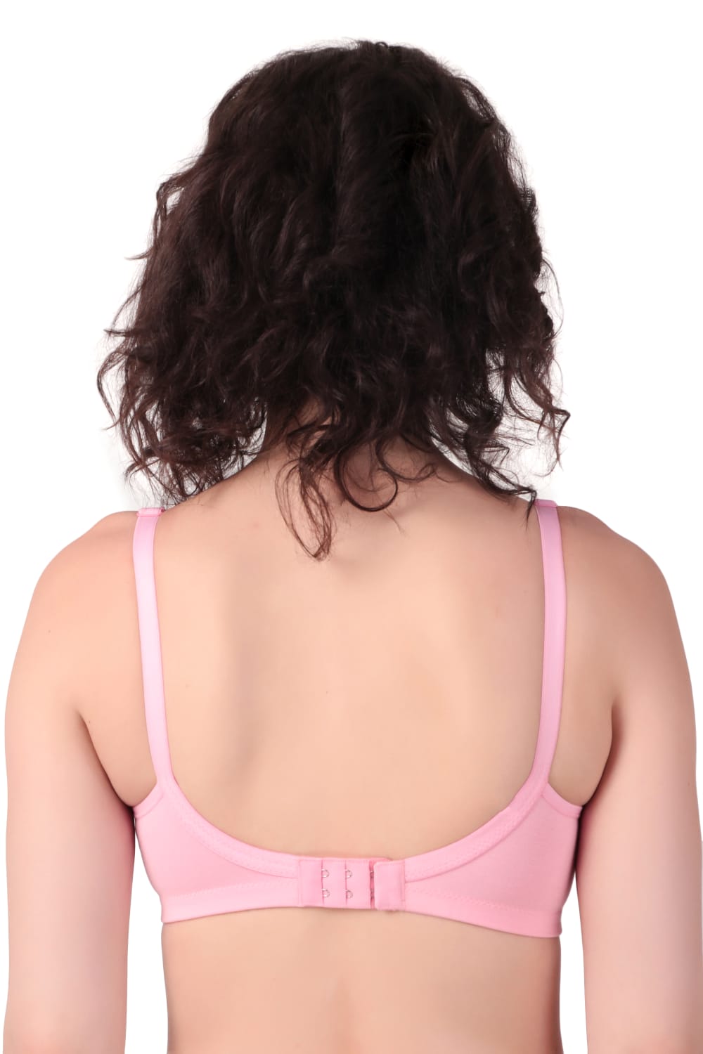 back view woman wearing Liamoure best seamless bra Medium Coverage Non-Wired Non Padded bra for woman in pink color bra
