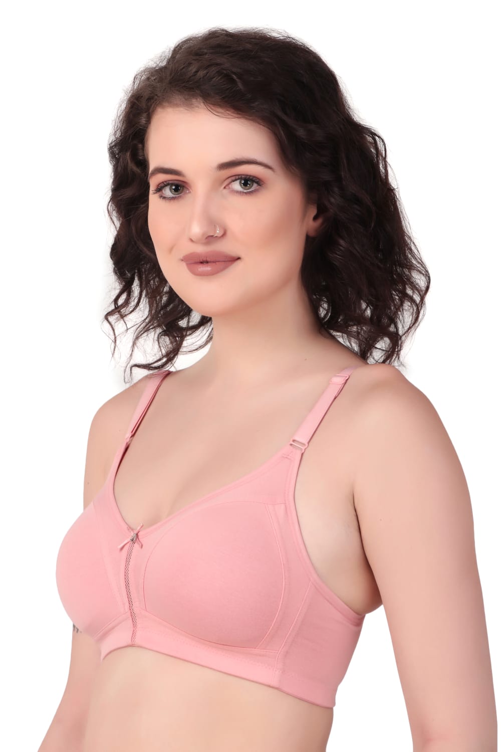 left side view woman wearing Liamoure best seamless bra Medium Coverage Non-Wired Non Padded bra for woman in pink color bra